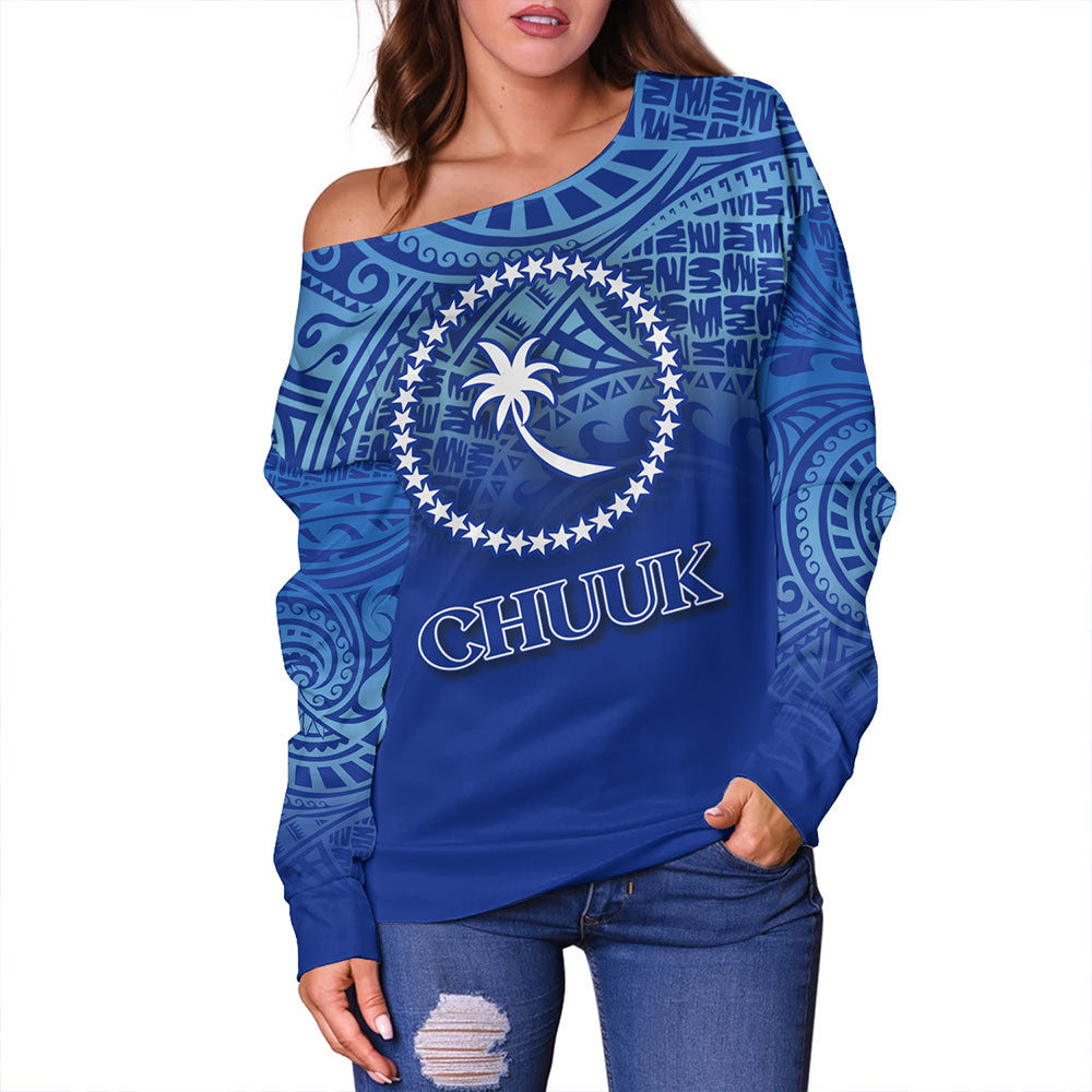Chuuk State Off Shoulder Sweatshirt Flag Color With Traditional Patterns