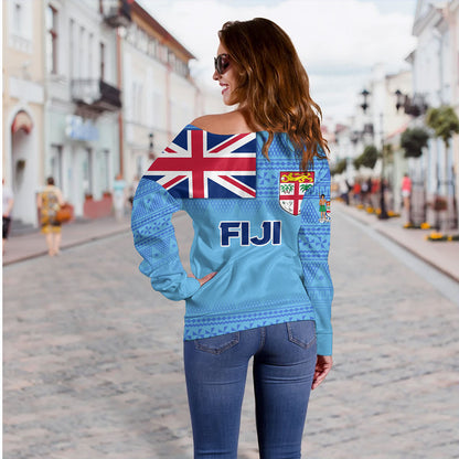 Fiji Off Shoulder Sweatshirt - Flag Color With Traditional Patterns