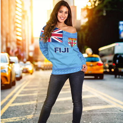 Fiji Off Shoulder Sweatshirt - Flag Color With Traditional Patterns