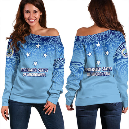 Federated States Of Micronesia Off Shoulder Sweatshirt - Flag Color With Traditional Patterns