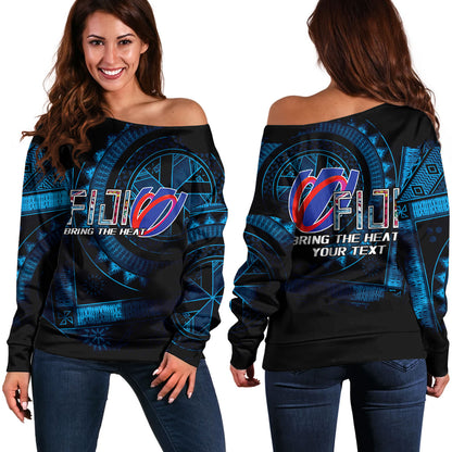 Fiji Custom Personalised Off Shoulder Sweatshirt Bring The Heat Rugby Cup