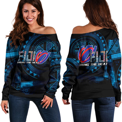 Fiji Custom Personalised Off Shoulder Sweatshirt Bring The Heat Rugby Cup