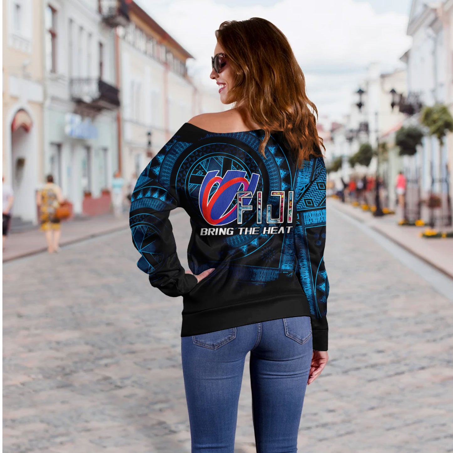 Fiji Custom Personalised Off Shoulder Sweatshirt Bring The Heat Rugby Cup