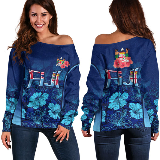 Fiji Custom Personalised Off Shoulder Sweatshirt Fijian Traditional Patterns Hibiscus Flowers