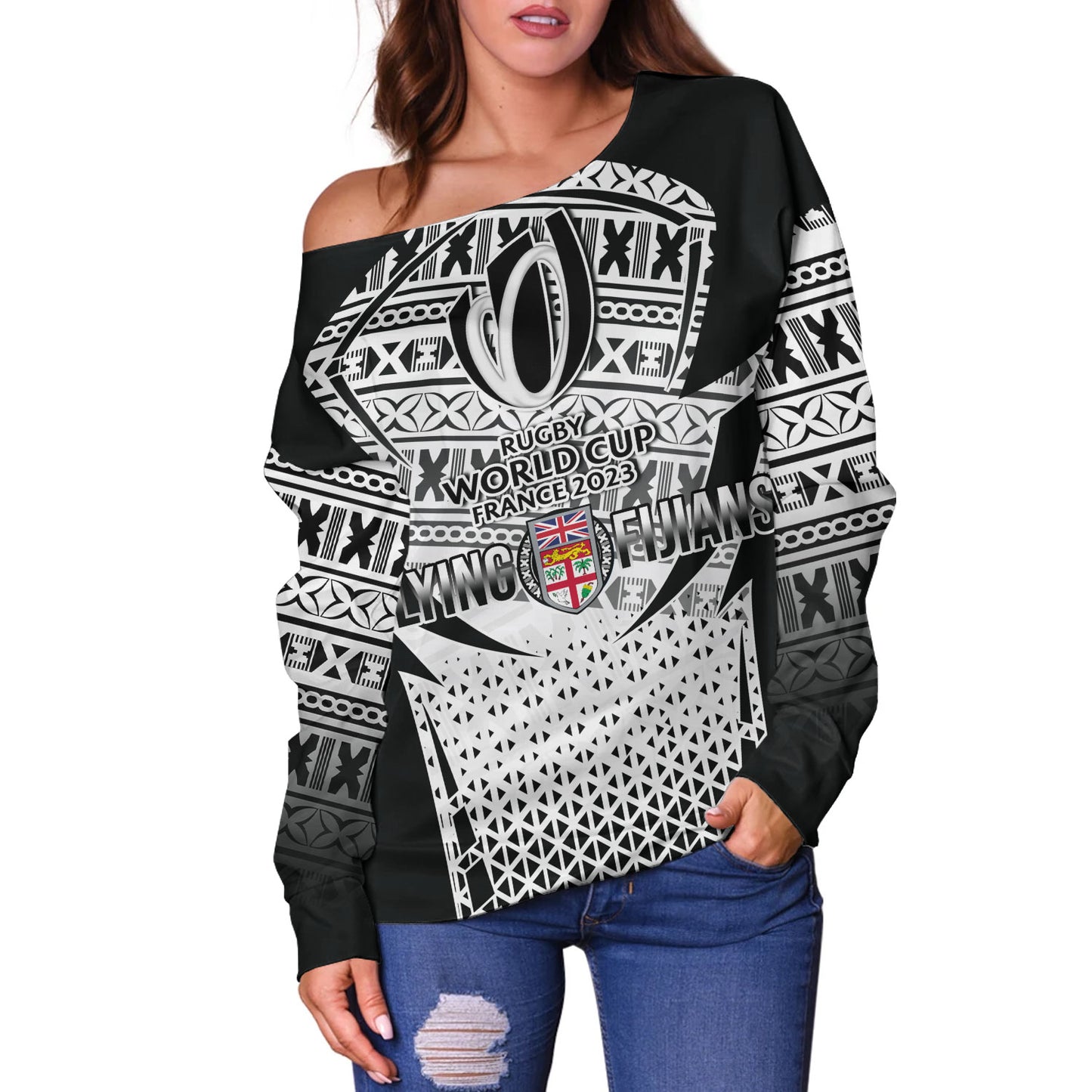 Fiji Off Shoulder Sweatshirt Flying Fijians Rugby Cup (Black-White Ver)