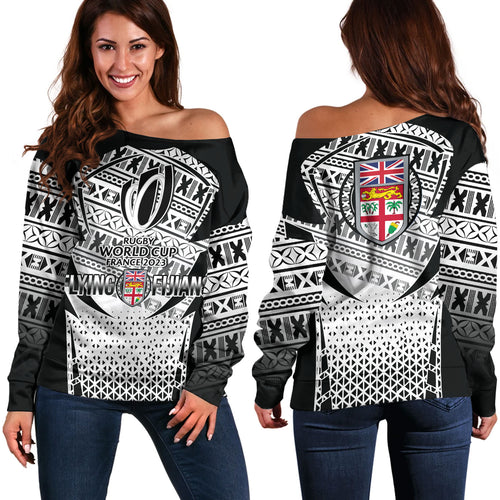 Fiji Off Shoulder Sweatshirt Flying Fijians Rugby Cup (Black-White Ver)