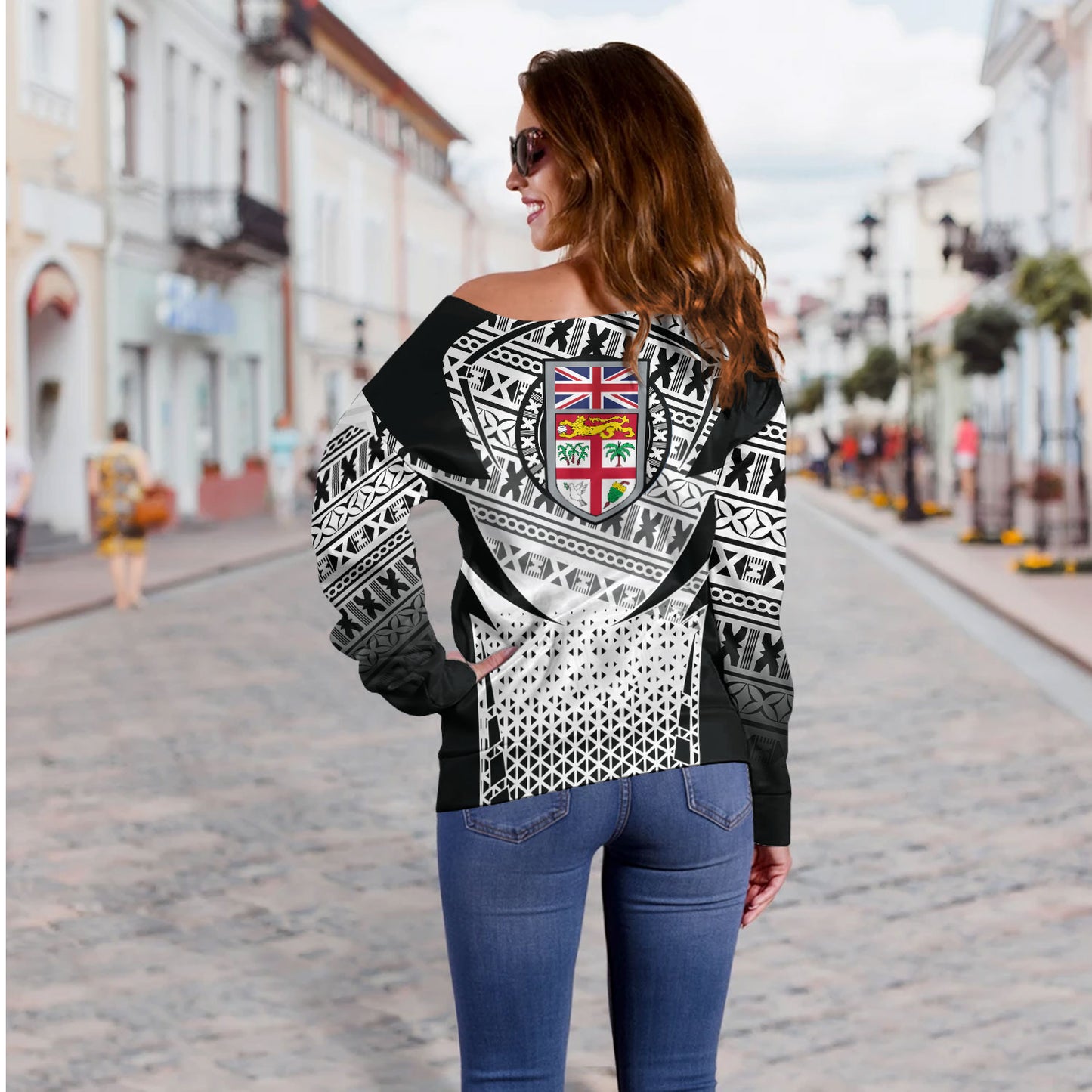 Fiji Off Shoulder Sweatshirt Flying Fijians Rugby Cup (Black-White Ver)