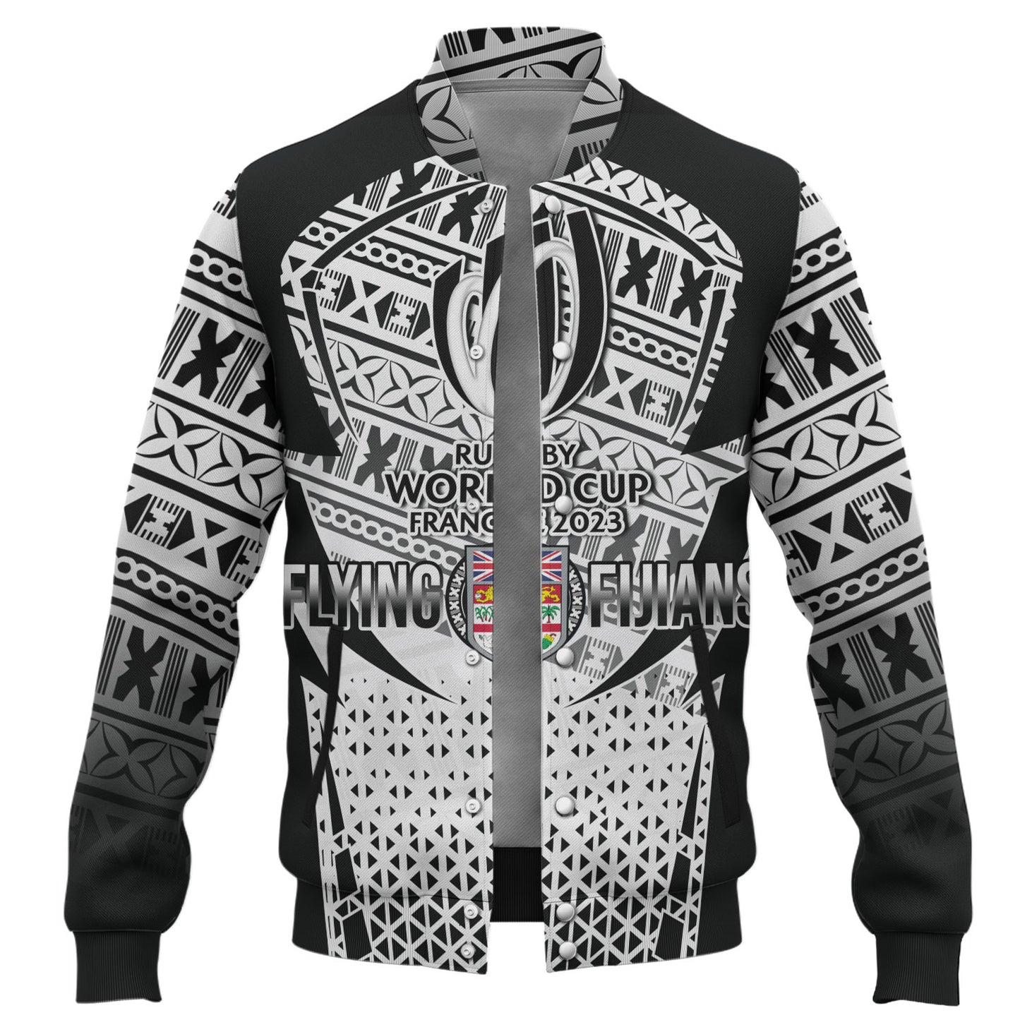 Fiji Baseball Jacket Flying Fijians Rugby Cup (Black-White Ver)