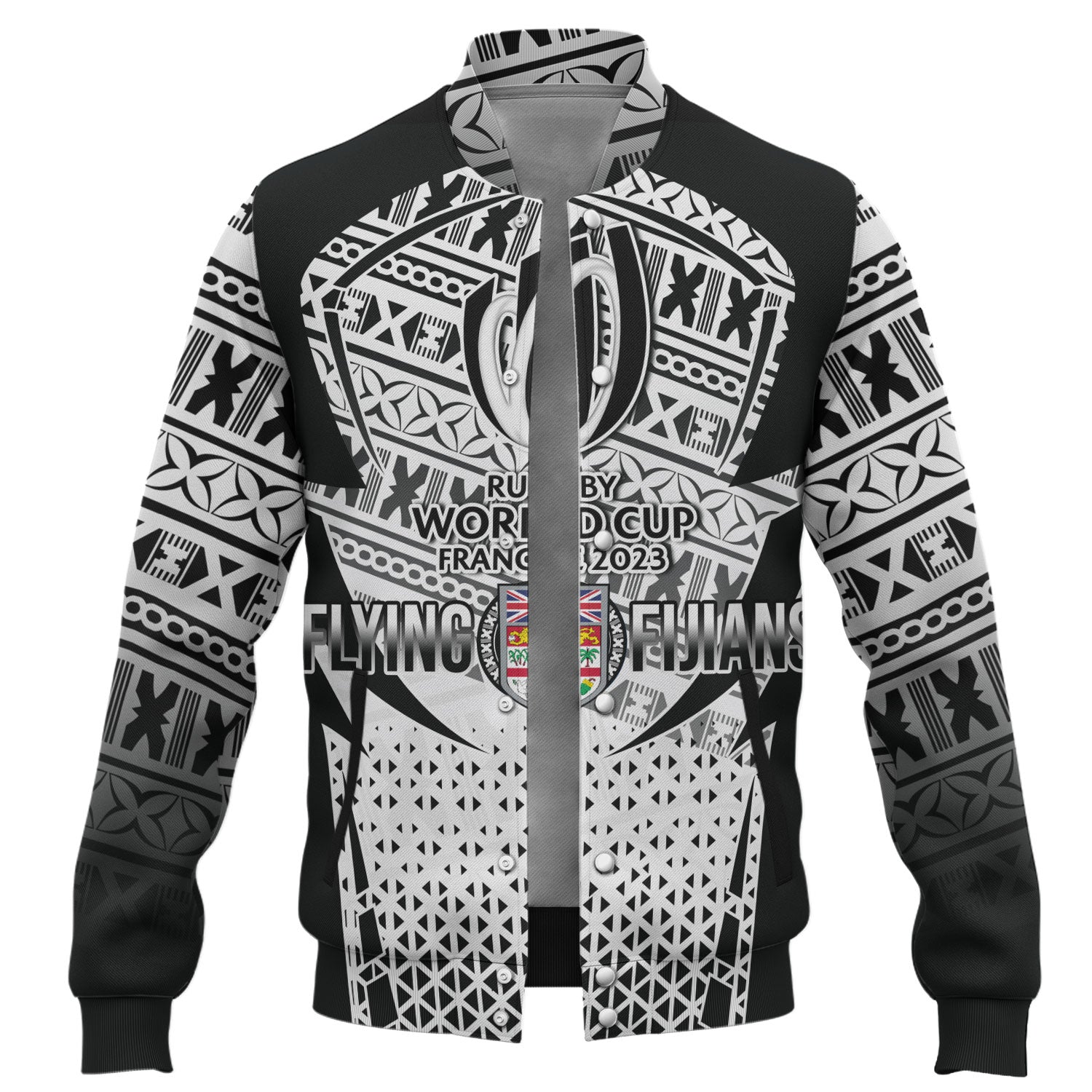 Fiji Baseball Jacket Flying Fijians Rugby Cup (Black-White Ver)