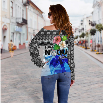 Fiji Off Shoulder Sweatshirt Suva Noqu Suva Hibiscus Flowers Fijian Patterns