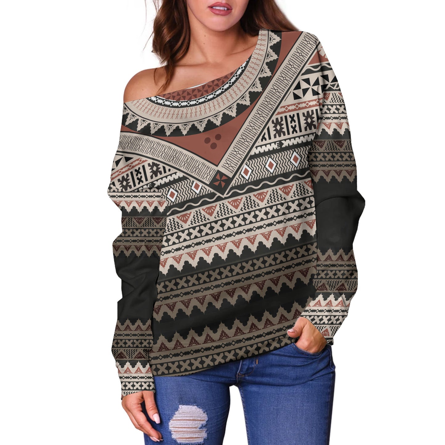 Fiji Off Shoulder Sweatshirt Fiji Traditional Culture - Tapa Cloth