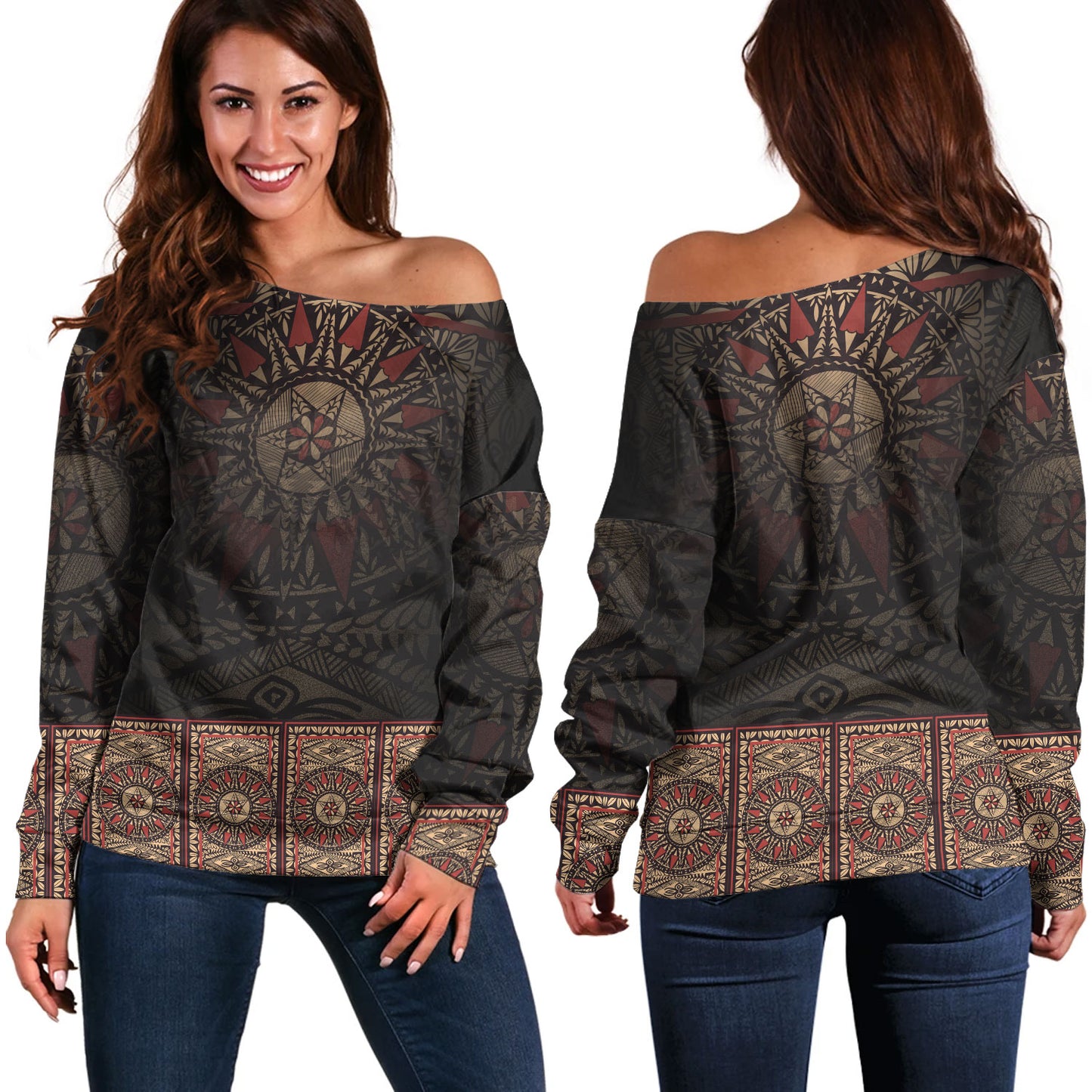 Fiji Off Shoulder Sweatshirt Fijian Masi Tapa Patterns