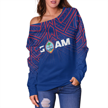 Guam Off Shoulder Sweatshirt - Flag Color With Traditional Patterns