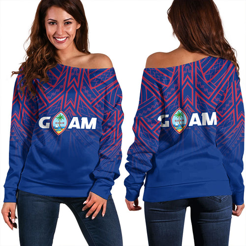 Guam Off Shoulder Sweatshirt - Flag Color With Traditional Patterns