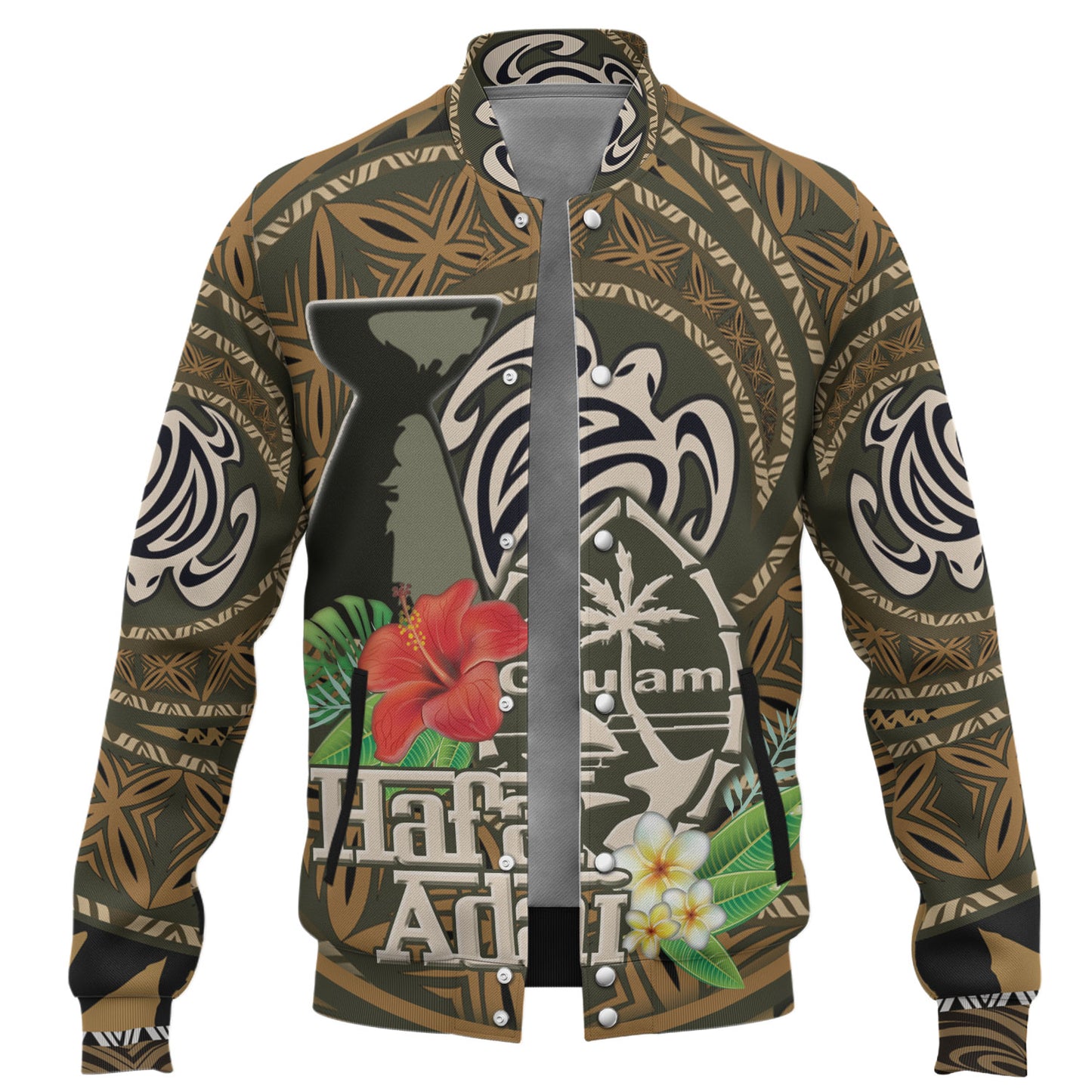 Guam Baseball Jacket Hafa Adai Seal Flower Tropical Retro Style
