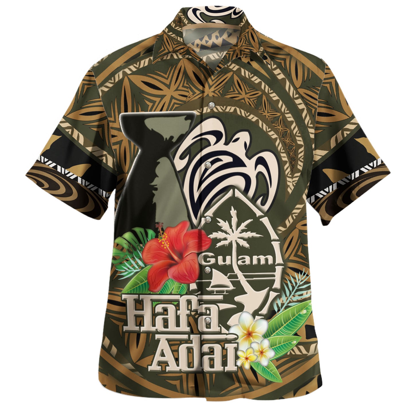 Guam Hawaiian Shirt Micronesian Fabric Leaves Golden