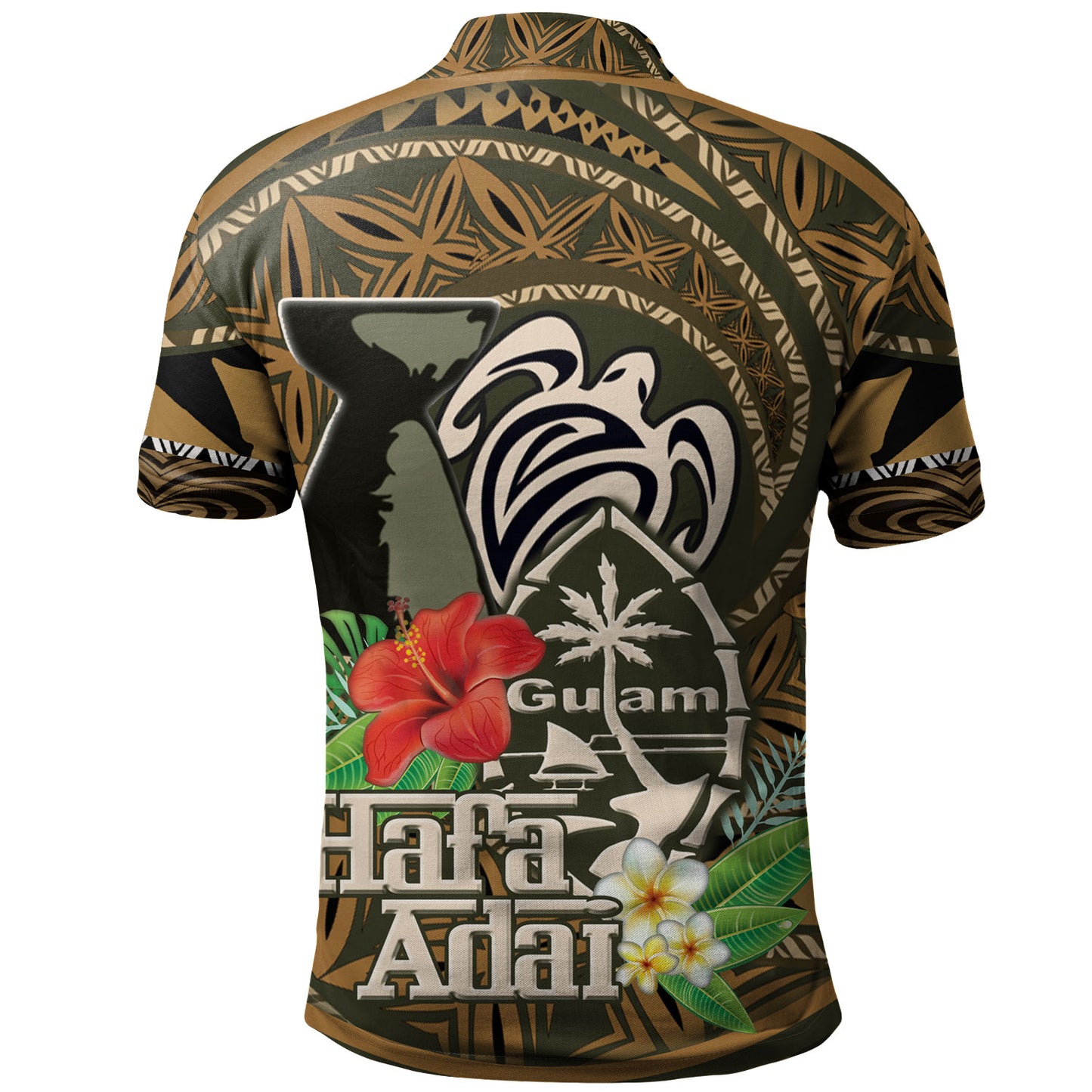 Guam Polo Shirt Hafa Adai Seal Flower Tropical Retro Style