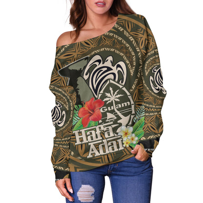 Guam Off Shoulder Sweatshirt Hafa Adai Seal Flower Tropical Retro Style