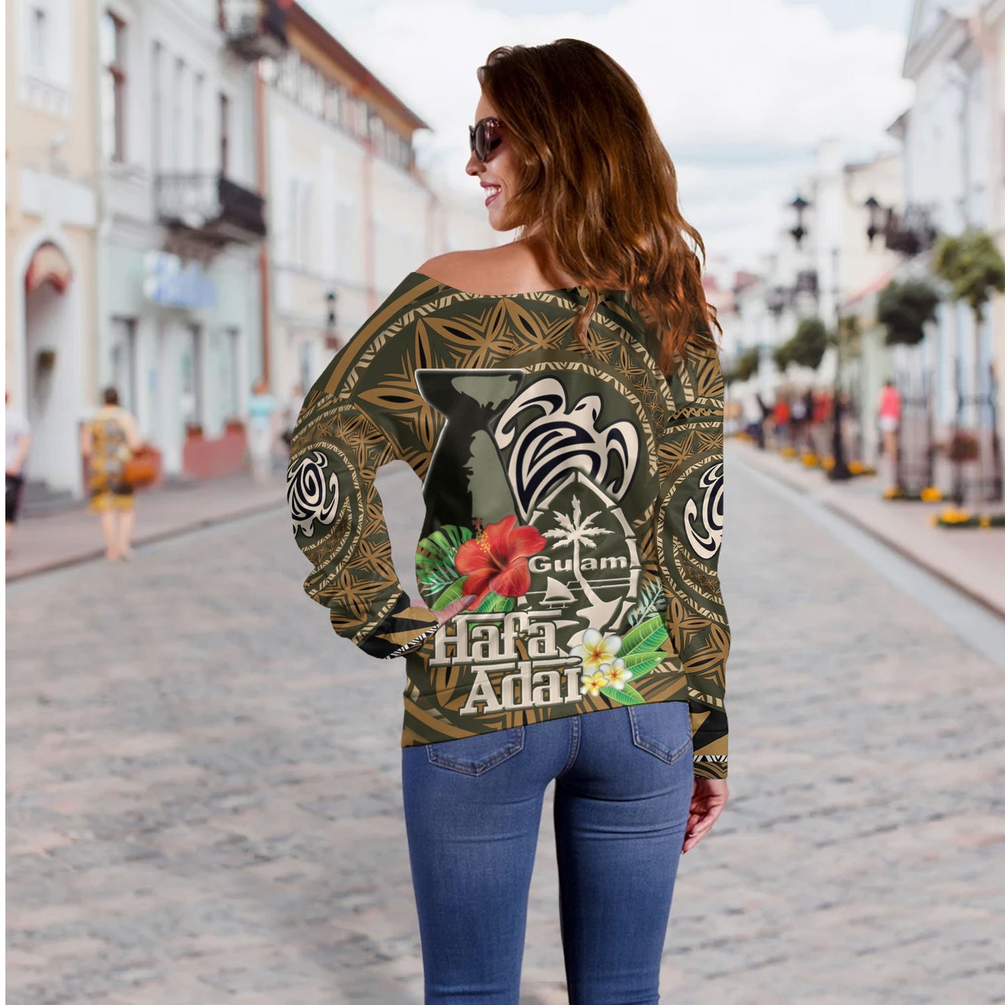 Guam Off Shoulder Sweatshirt Hafa Adai Seal Flower Tropical Retro Style