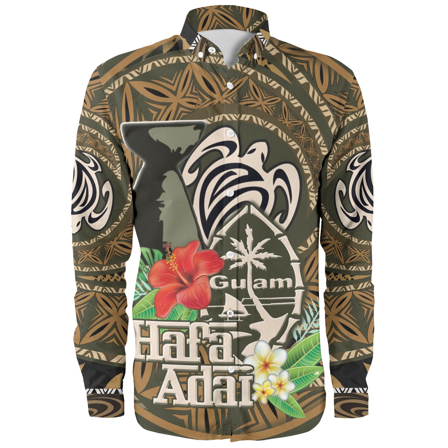 Guam Long Sleeve Shirt Hafa Adai Seal Flower Tropical Retro Style