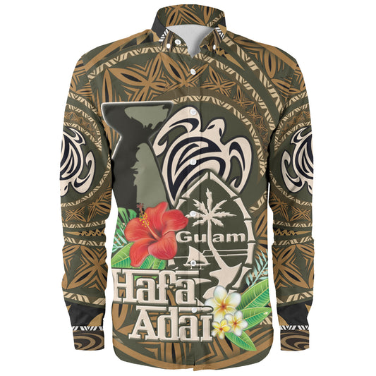 Guam Long Sleeve Shirt Hafa Adai Seal Flower Tropical Retro Style