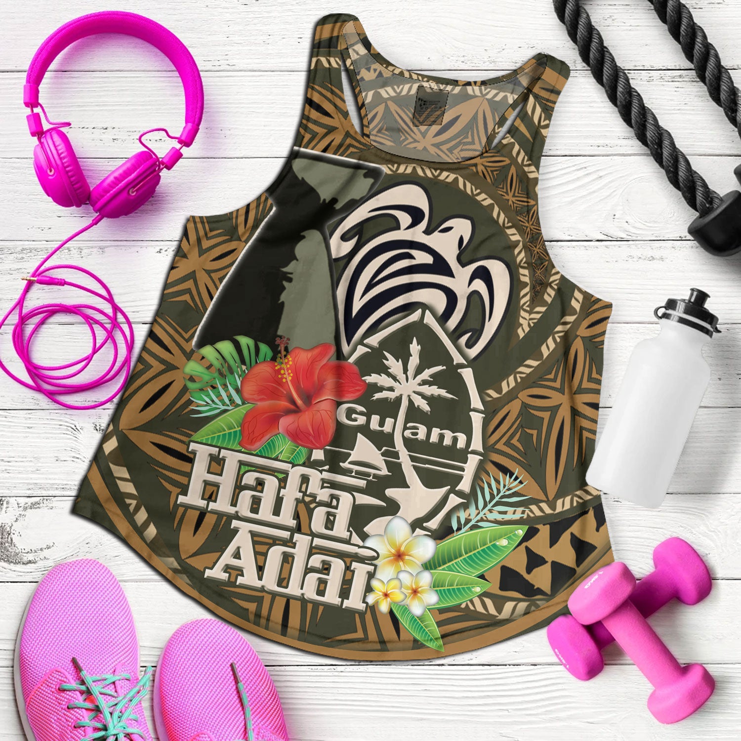 Guam Women Tank Hafa Adai Seal Flower Tropical Retro Style