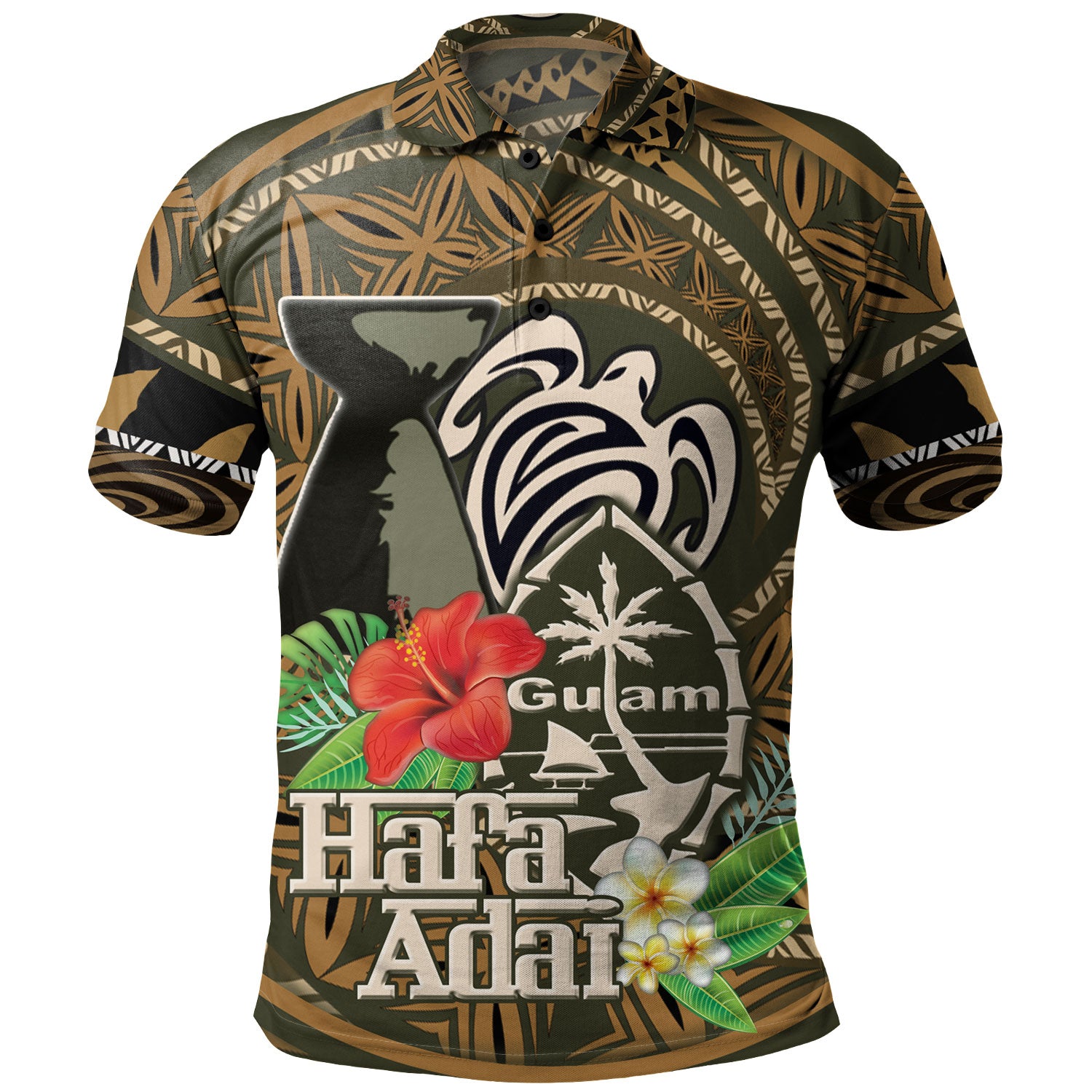 Guam Polo Shirt Hafa Adai Seal Flower Tropical Retro Style