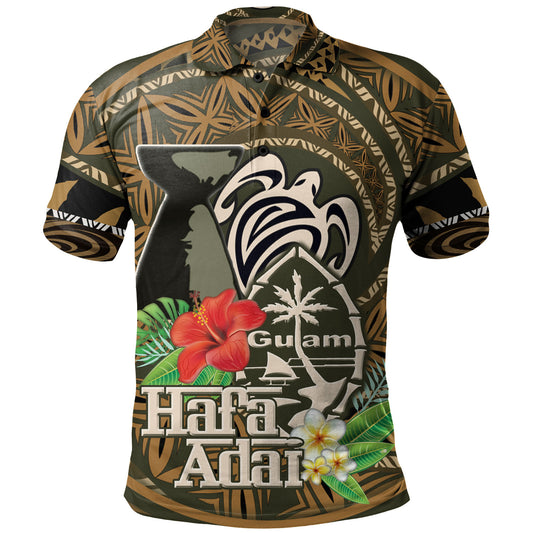 Guam Polo Shirt Hafa Adai Seal Flower Tropical Retro Style