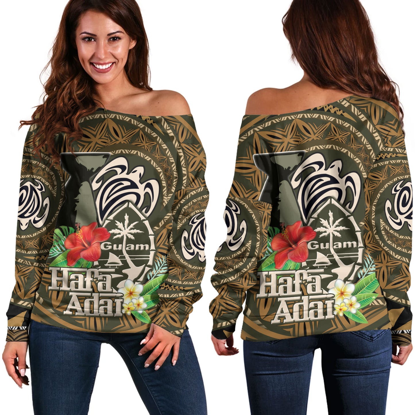 Guam Off Shoulder Sweatshirt Hafa Adai Seal Flower Tropical Retro Style