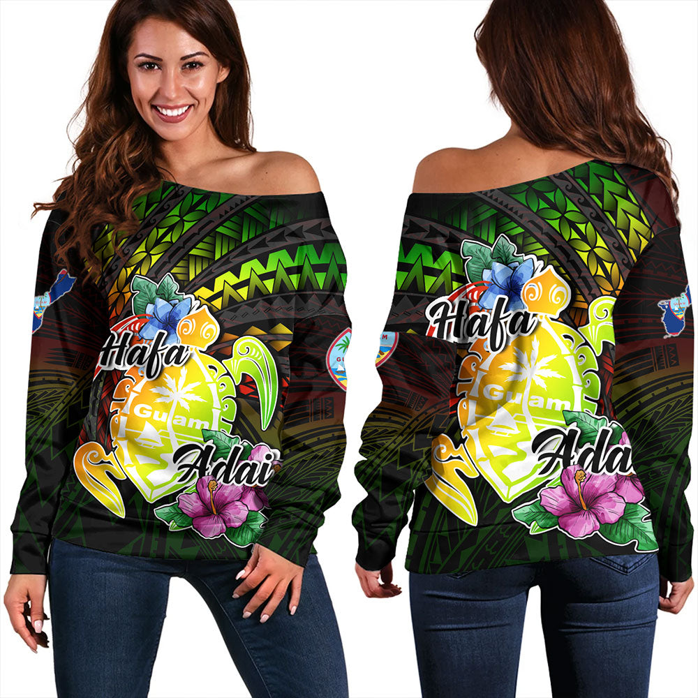Guam Off Shoulder Sweatshirt Hafa Adai Guam Seal Tropical Flowers