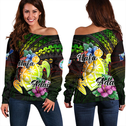 Guam Off Shoulder Sweatshirt Hafa Adai Guam Seal Tropical Flowers