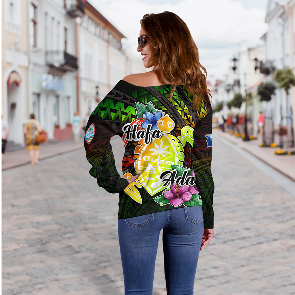 Guam Off Shoulder Sweatshirt Hafa Adai Guam Seal Tropical Flowers