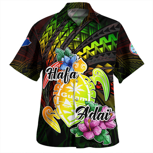 Guam Hawaiian Shirt  Sea Turtle With Blooming Hibiscus Flowers Tribal Green