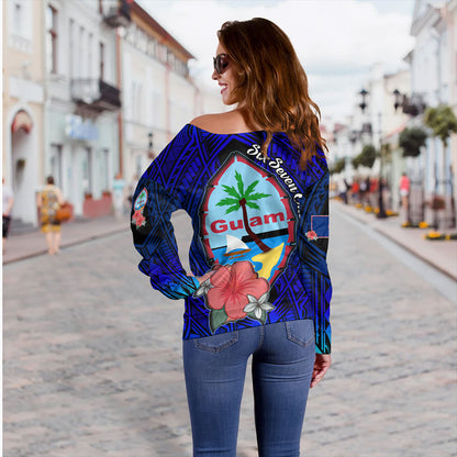 Guam Off Shoulder Sweatshirt Hibiscus Flowers With Seal