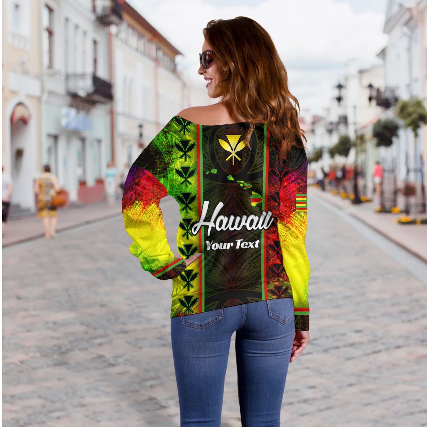 Hawaii Custom Personalised Off Shoulder Sweatshirt Kanakamaoli Flag With Map Traditional Patterns