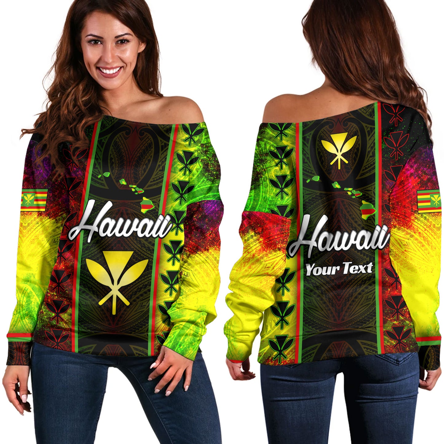 Hawaii Custom Personalised Off Shoulder Sweatshirt Kanakamaoli Flag With Map Traditional Patterns
