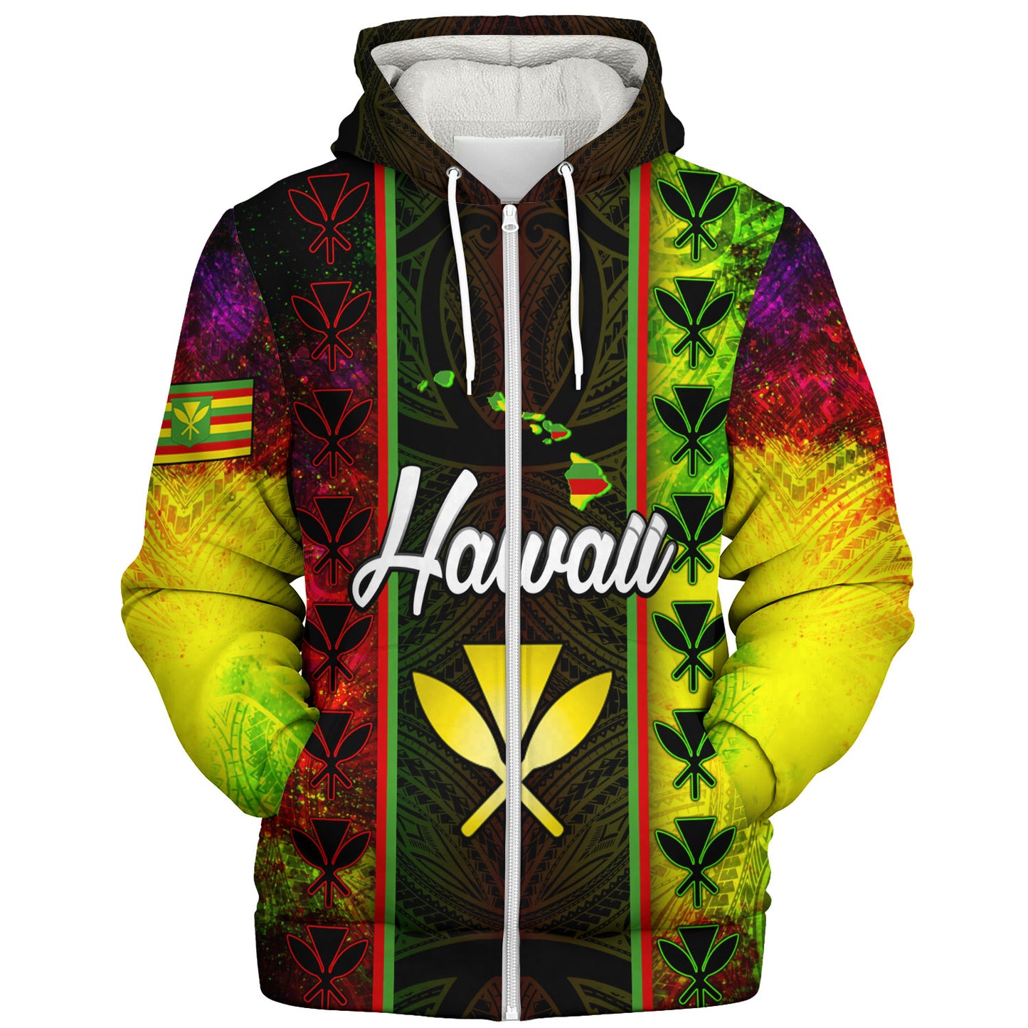 Hawaii Custom Personalised Sherpa Hoodie Kanakamaoli Flag With Map Traditional Patterns