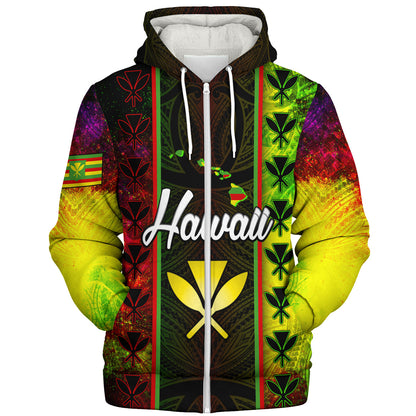 Hawaii Custom Personalised Sherpa Hoodie Kanakamaoli Flag With Map Traditional Patterns