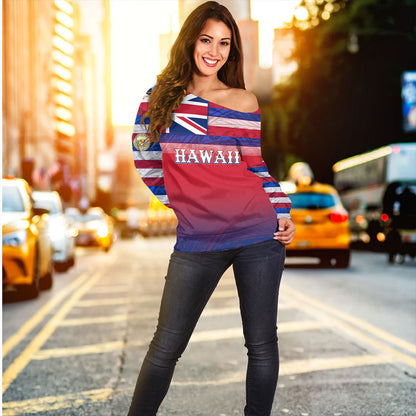 Hawaii Off Shoulder Sweatshirt - Hawaii Flag Color With Traditional Patterns