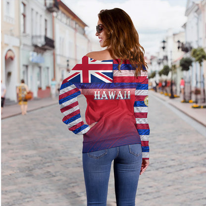 Hawaii Off Shoulder Sweatshirt - Hawaii Flag Color With Traditional Patterns