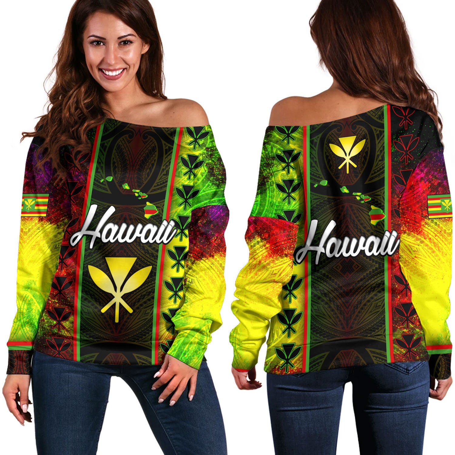 Hawaii Custom Personalised Off Shoulder Sweatshirt Kanakamaoli Flag With Map Traditional Patterns