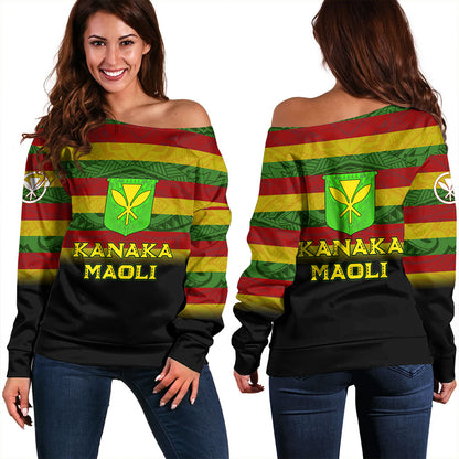 Hawaii Off Shoulder Sweatshirt - Kanaka Maoli Flag Color With Traditional Patterns