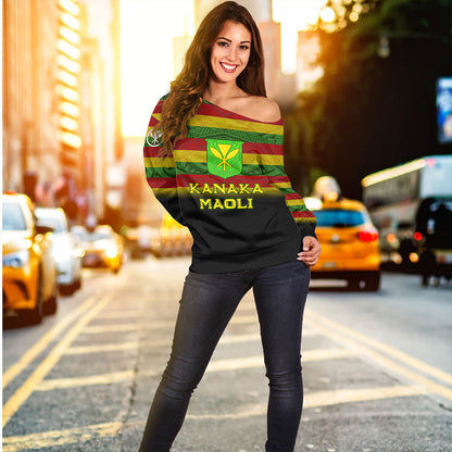 Hawaii Off Shoulder Sweatshirt - Kanaka Maoli Flag Color With Traditional Patterns