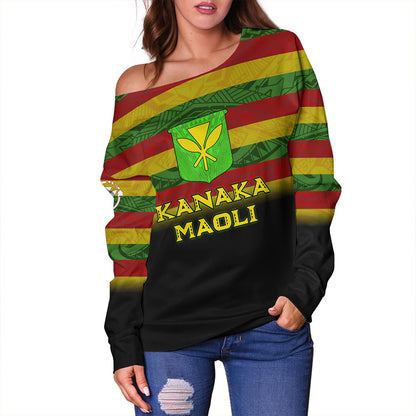 Hawaii Off Shoulder Sweatshirt - Kanaka Maoli Flag Color With Traditional Patterns