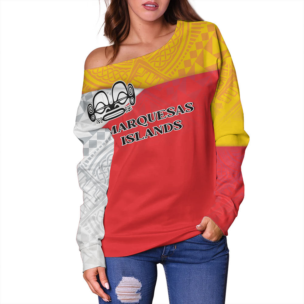 Marquesas Islands Off Shoulder Sweatshirt Flag Color With Traditional Patterns