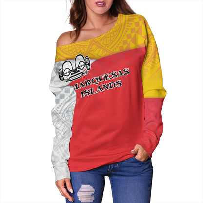 Marquesas Islands Off Shoulder Sweatshirt Flag Color With Traditional Patterns