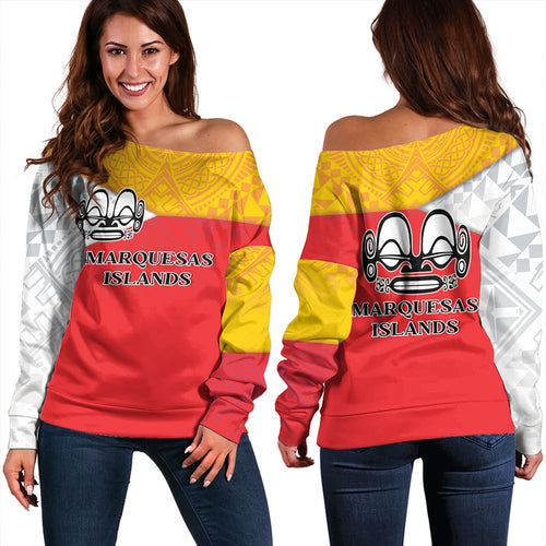 Marquesas Islands Off Shoulder Sweatshirt Flag Color With Traditional Patterns