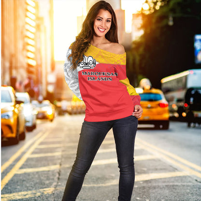 Marquesas Islands Off Shoulder Sweatshirt Flag Color With Traditional Patterns