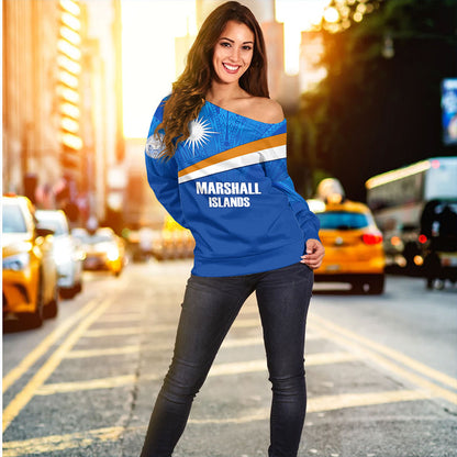 Marshall Islands Off Shoulder Sweatshirt - Flag Color With Traditional Patterns