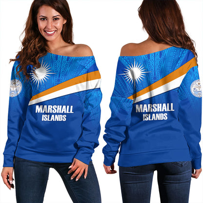 Marshall Islands Off Shoulder Sweatshirt - Flag Color With Traditional Patterns